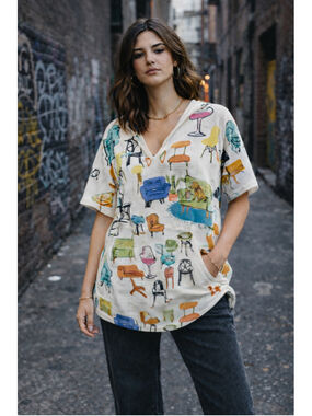 Inoah XL Abstract Waffle Tunic V Neck Kangaroo Pocket Oversized Streetwear Top